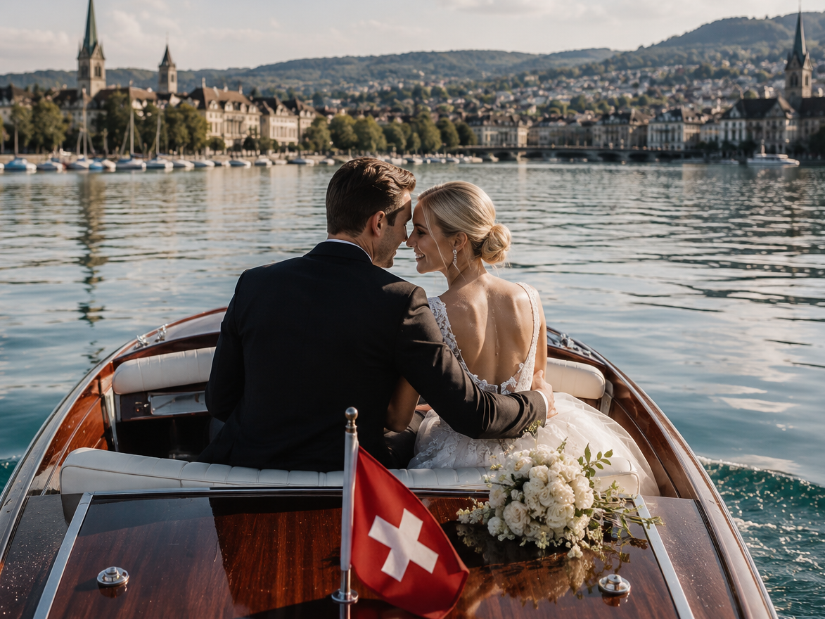 Frisch vermähltes Brautpaar in einem Boot auf dem Zürichersee